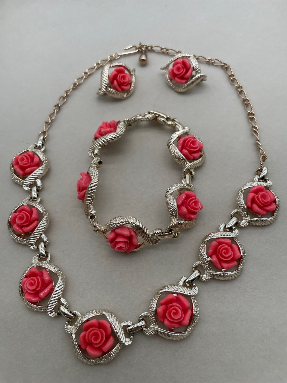 Sarah Coventry Pink Rose Silver-Tone Necklace, Bracelet & Clip-On Earrings Set